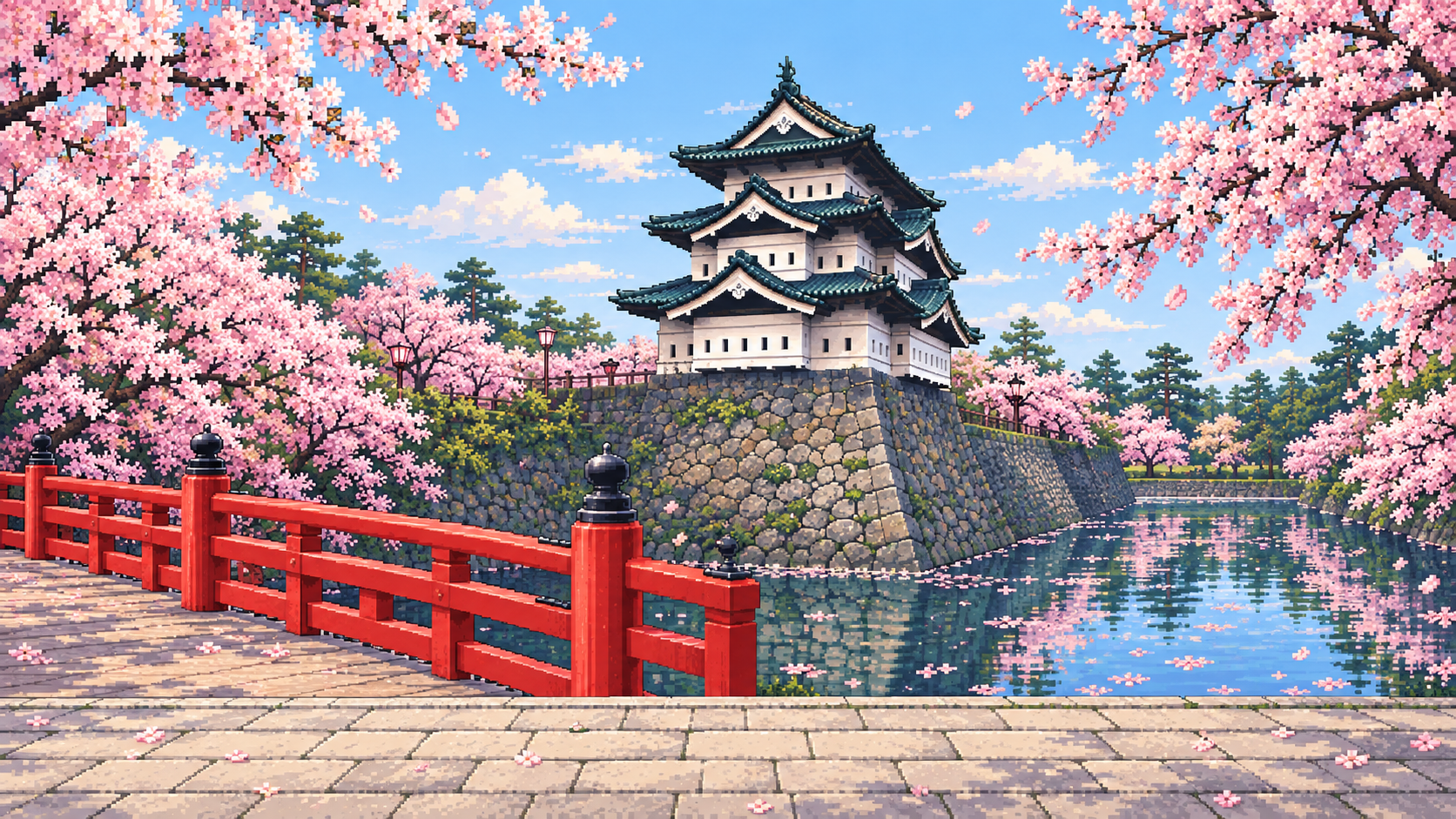 弘前城をデフォルメしたドット絵の風景